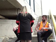 This old slut is so horny she sucks 2 construction workers at once
