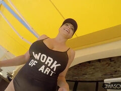 Work of art monster tits - POV solo outdoors in the pool