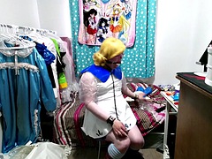 Shiny PVC Cosplay Sissy Lillie Gagged Breathplay Stinky Socks Vibrator