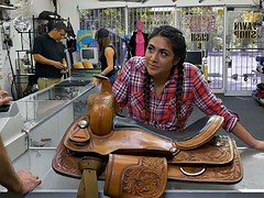 Pretty cowgirl tooshie fucked by pawn dude in the backroom
