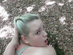 Immature chubby girl with nice curves sucks and fucks boyfriend in the forest