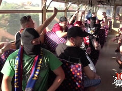 Exciting public porn: gangbang orgy on football fan bus