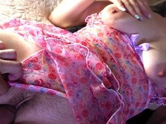 Stepmom in a sheer lace dress enjoys touching herself and gets a creampie