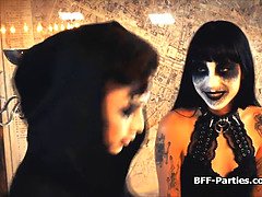 Watch these sexy goth babes share a cock in a Halloween reality foursome party