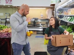 Strong tall customer fucks the Asian store clerk and cums on face