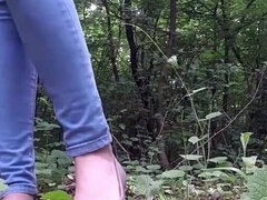 Skinny Brunette in the Woods Desperate to Pee Wet Her Pants