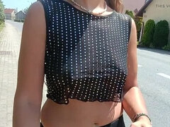 Public Flashing: Polish Babe JonDickFlash Shows Off Big Natural Tits & Pussy in See-Through Blouse