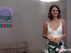 lean teen Lexy Gold licks spaghetti during doggie