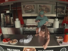 Waitress is filmed POV style while getting fucked on the table