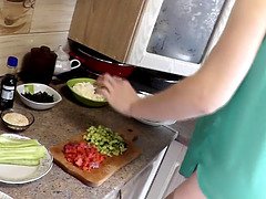 Bare mommy cougar dubarry preps seafood for new yr eve dinner. naked kitchen. cunny boobie ass