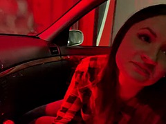 Horny wife gives blowjob at automatic car wash and swallows cum