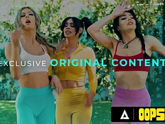 OOPSIE - Naughty shemales Ariel Demure and Erica Cherry take off Summer Harts yoga pants to give her a double penetration