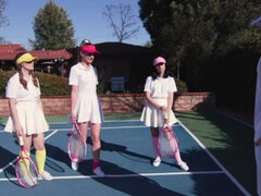 Three eager tennis babes getting fucked on court