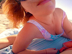 jism on my Nose & Sun Glasses! Risky Amateur Redhead Public Beach fast blowage