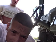 Army jock drilled colleagues ass on military truck outdoors