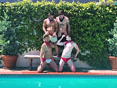 Amateur studs enjoy a bareback orgy outdoors in the pool