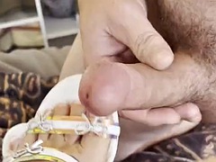Foot fetish! Sexy shoes and feet getting precum. She gets wet and cums in his face and gets a reward of hot jizz on her feet