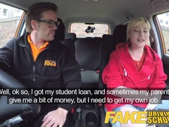 British students squirt in fake driving school after getting their tight shaved pussy spunked on