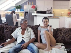 DADDY4K. Darkhair satisfies her sexual needs using shag