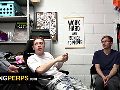 Young Perps - Nerdy boy fulfills his dream of sucking two cocks at the same time in the back room