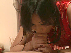 ebony haired Lana Violet with pony-tails screams with elation when plumbed