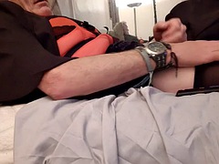 Sissy jerks off in red corset and stockings