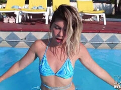Blue eyes blondie POV fuck and creampie with bikini after pool day