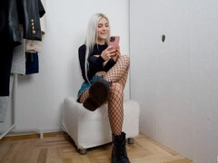 Cute teen swallows hot cum through the glory hole in a fitting room - Eva Elfie