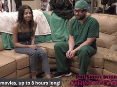 Sexy doctors Aria Nicole and Doctor Tampa try on spandex and surgical gloves at GirlsGoneGynoCom!