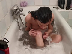 Hair washing, long hair, bathtub