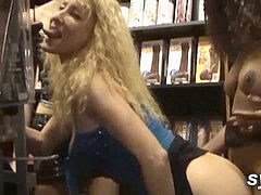 three whores in SHOP: demonstrating and anal orgy with customers