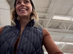 Naughty public play in a grocery store with a curvy vibrator under remote control