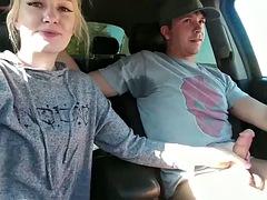 Stunning blonde girlfriend makes her boyfriend cum in public