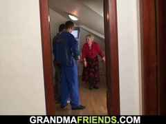 Two repairmen share busty very old granny