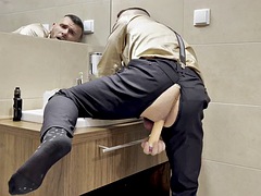 Dripping businessman in suit and socks plays with his ass with his cock closed
