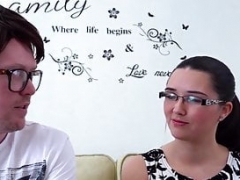 Nerdy gamer sucked expertly by a cute girl with glasses