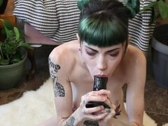 Tiny little tattooed girl can't get enough BBC dildo