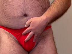 Steves first anal shows his entire bear body in a red thong while he jerks off, eats precum and spoiled cum