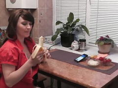 Without panties in kitchen smoking hot brunette Sexually available mom eats banana fruits with cream fingering wet pussy and plus orgasm. Hand plusjob
