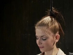Petite brunette Sensi Pearl tied up and fucked hard against the wall