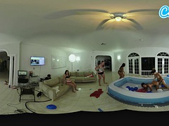 Latina teen lesbians oil wrestling with their big ass stepsisters in VR