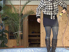 wetlook pool with jacket and boots