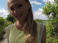 Russian Lucy Heart sucks cock & takes a ride on it for a creampie outdoors