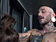 Shemale tranny gets ass fucked and sucked by inked MTF pussyboy