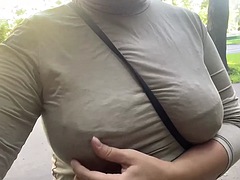 Wife flashing boobs - public nudity in public park