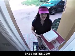 Thick pizza delivery girl fucked by client for cash POV