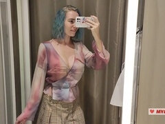 Having fun in the mall dressing room with my see-through outfit, watch me show off!