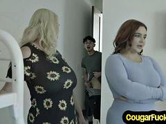 Busty MILFs doggystyled in 4some