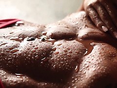 Latin sport female cowering guy on shoulders