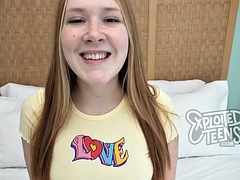 Redhead teen with freckles and red pubic hair sucks cock